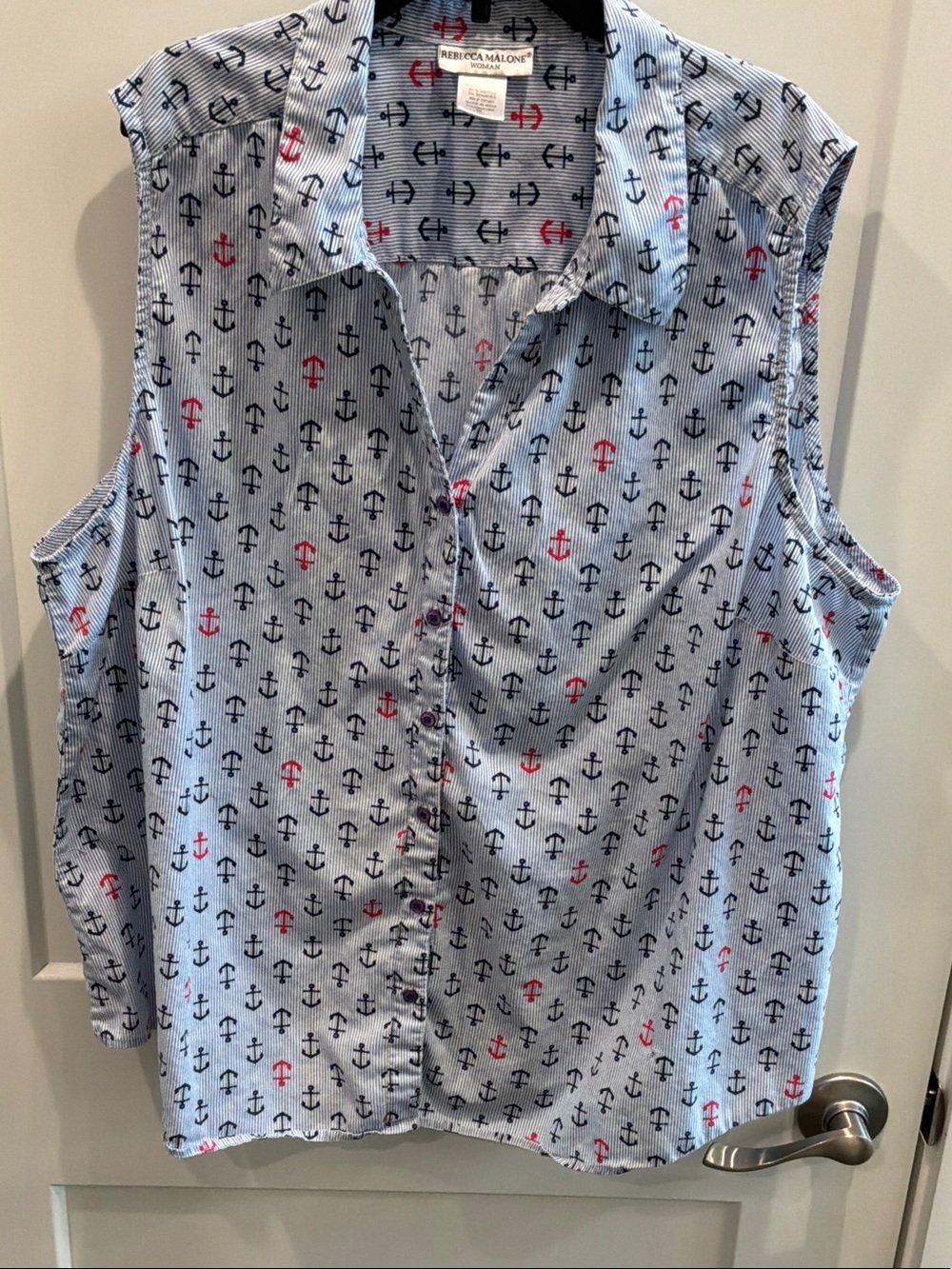 Rebecca Malone Light Blue Striped Top with Navy and Red Anchor Print